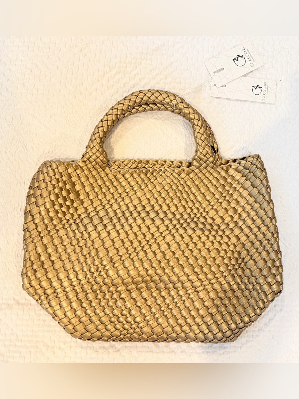 NWT Woven Shoulder Tote Bag Gold Soft Vegan Leather